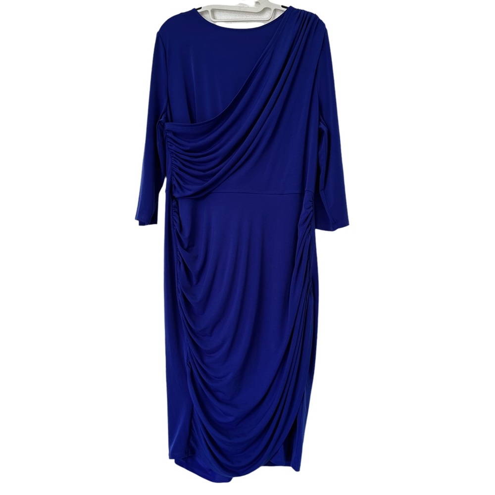 Lane Bryant Royal Blue Boat Neck Ruched Overlay 3/4 Sleeve Stretchy Dress 14